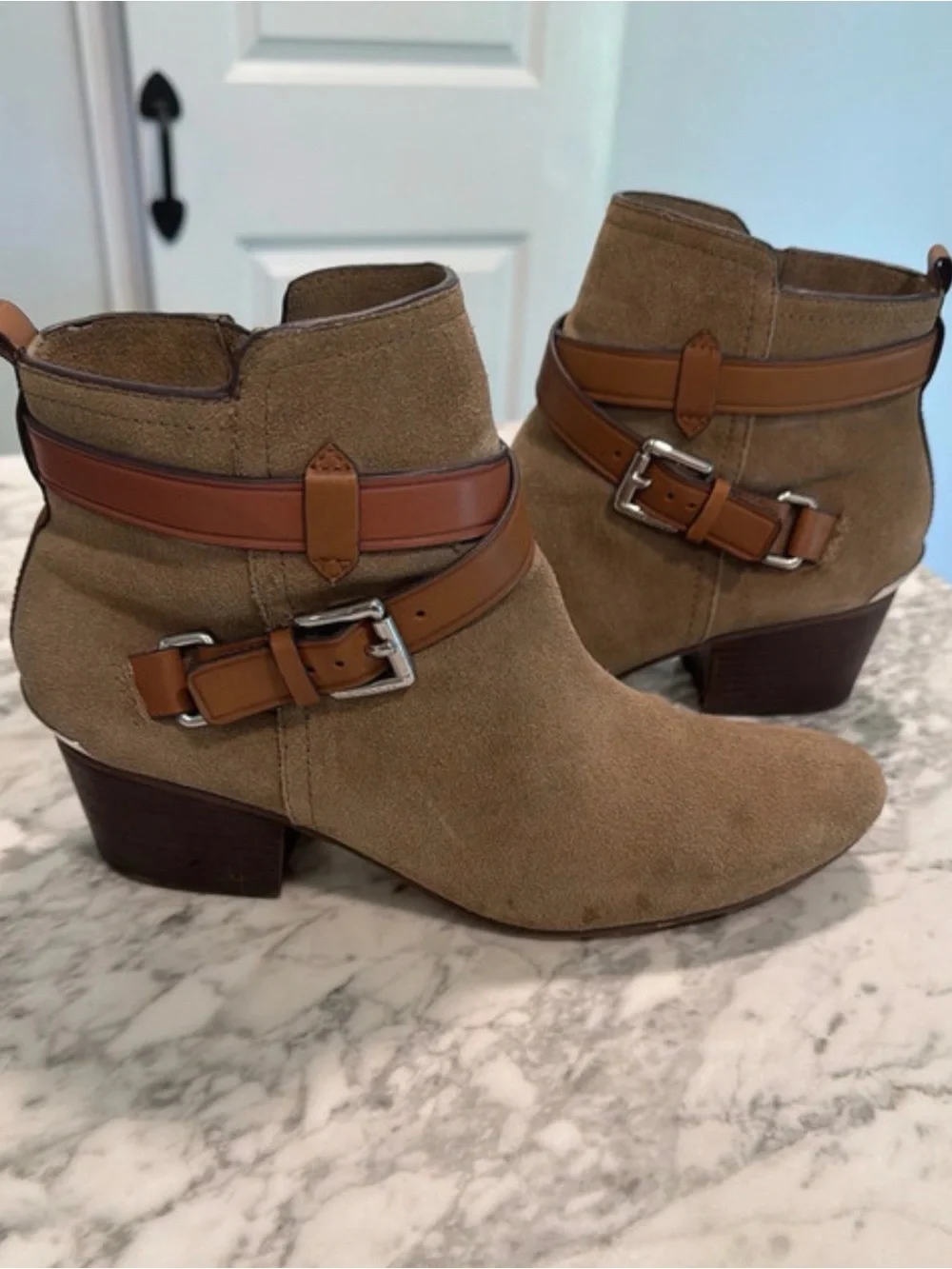 Coach Tan Suede Ankle Booties with Cognac Leather Straps